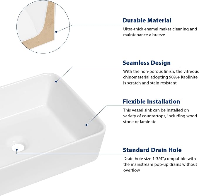 Sarlai Vessel Sink Rectangular - 19"x15" White Bathroom Sink Rectangle Above Counter Porcelain Ceramic Bathroom Vessel Vanity Sink Art Basin