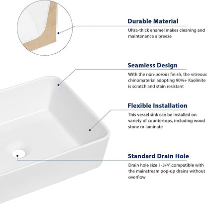 Sarlai Vessel Sink Rectangular - 19"x15" White Bathroom Sink Rectangle Above Counter Porcelain Ceramic Bathroom Vessel Vanity Sink Art Basin