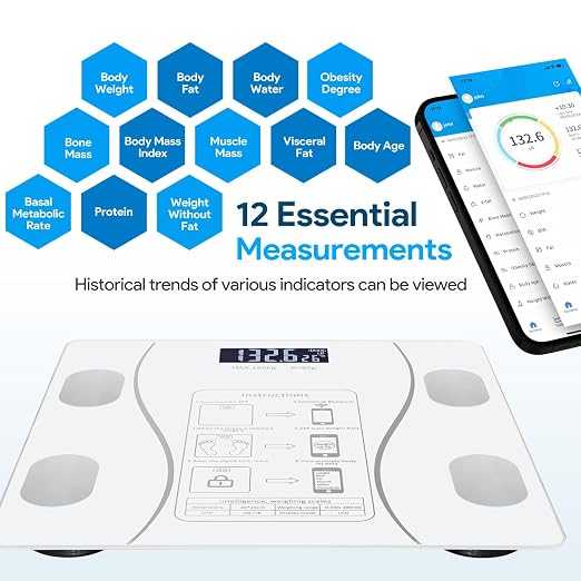 Smart Body Fat Scale with Led Display - Digital Bathroom Scale with Bluetooth, Accurate Body Composition Measurement, Muscle Mass, BMI, and Body Water Analysis (White)
