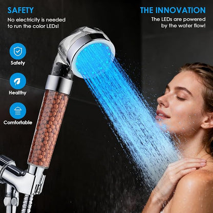 Vacto Temperature Controlled 3-color Changing Shower Head Kit, Water Saving Showerheads with Filtration Beads, LED High Pressure Handheld Shower Head Set (No Hose and Bracket)