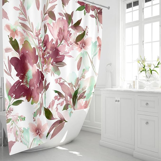 MAYZUS Plum Watercolor Floral Shower Curtains for Bathroom, 72x72 | Modern Abstract Flower Decorative Fabric Shower Curtain Set with Hooks