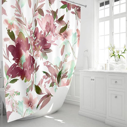 MAYZUS Plum Watercolor Floral Shower Curtains for Bathroom, 72x72 | Modern Abstract Flower Decorative Fabric Shower Curtain Set with Hooks