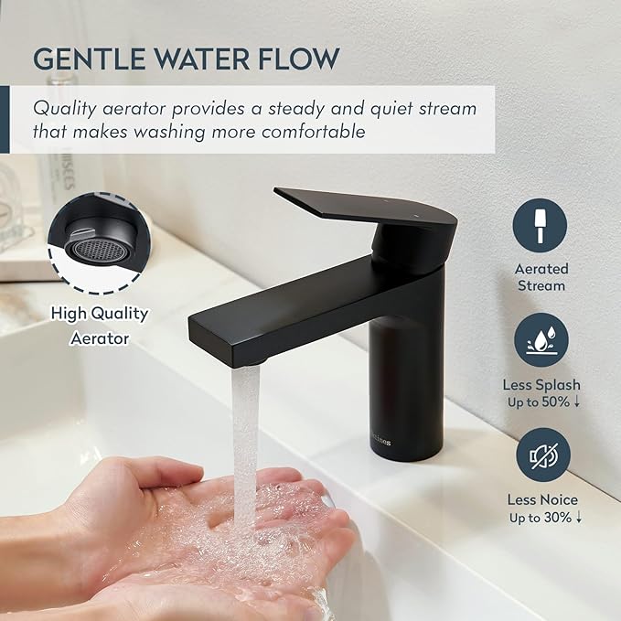 Matte Black Single Hole Bathroom Faucet, 1 Handle Bathroom Vanity Sink Faucet with Metal Pop-Up Drain & PEX Supply Lines & Deck Plate for 1 or 3 Hole, Black