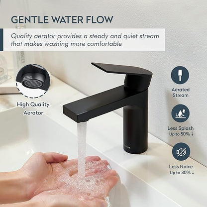 Matte Black Single Hole Bathroom Faucet, 1 Handle Bathroom Vanity Sink Faucet with Metal Pop-Up Drain & PEX Supply Lines & Deck Plate for 1 or 3 Hole, Black