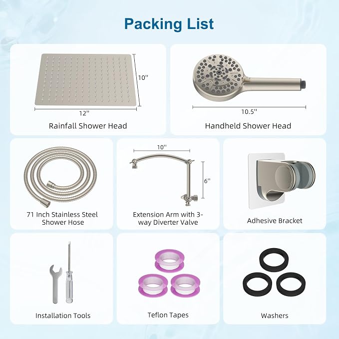 Hibbent Metal 12" High Pressure Rain Shower Head Combo, Brushed Nickel | cUPC Certified Rainfall Shower Head with handheld 10 Sprays, 16'' Adjustable Extension Arm, 71'' Hose, Showerhead Holder