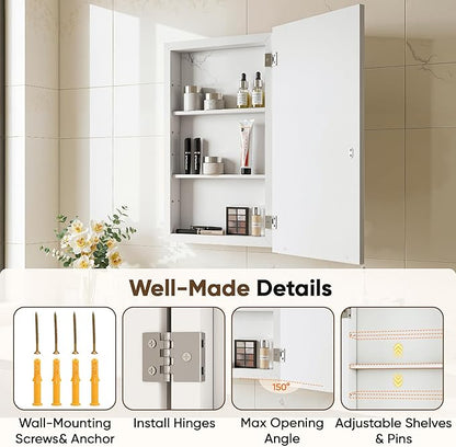 Antok 16x25 Inch Medicine Cabinet with Mirror, Wall Mounted Bathroom Mirror Cabinet, Wooden Medicine Cabinet Mirror, Recessed or Surface, White