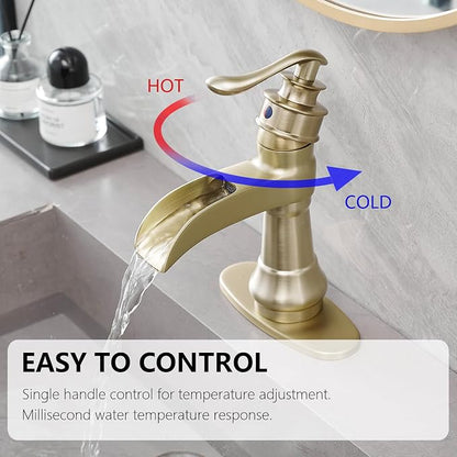 Bathroom Sink Faucet Waterfall Brushed Gold Single Handle | Pop Up Drain,Easy to Clean,Stable Installation,Suitable for bathrooms, balconies and laundry room,Elegant Minimalist Style