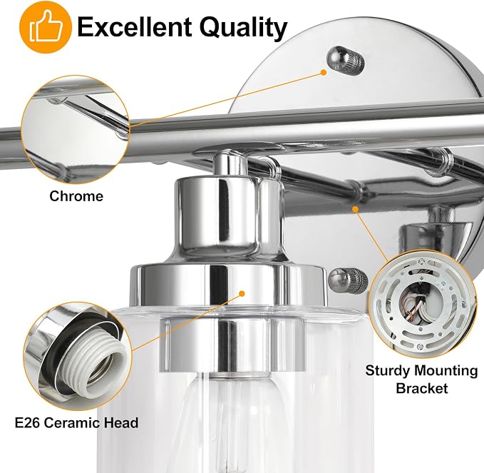 Bathroom Light Fixtures Chrome Vanity Light Silver 3 Light Modern | Wall Sconces Lighting Bathroom with Clear Glass Shades Bath Wall Lights Wall Lamp for Mirror, Kitchen Living Room Hallway