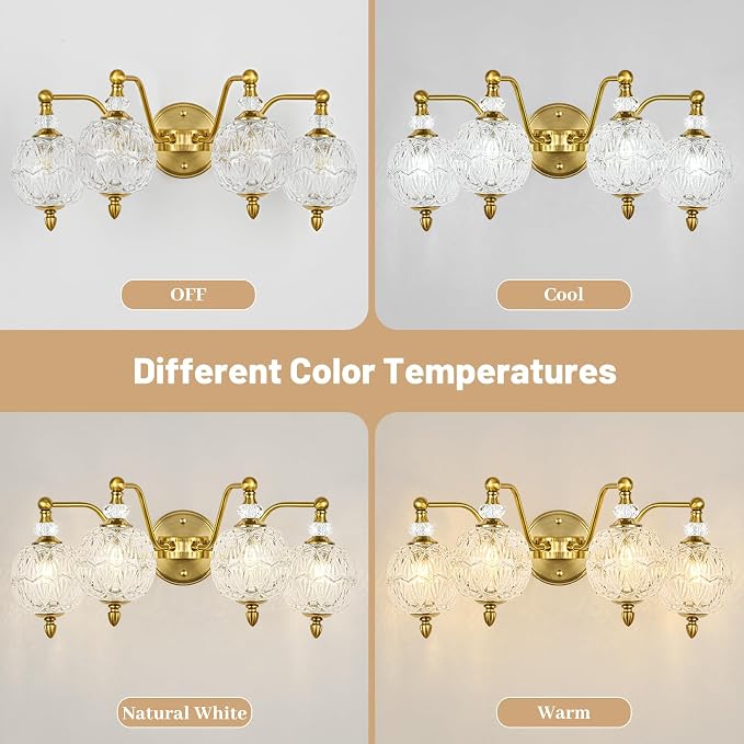 Vintage Bathroom Vanity Light, 4-Light Mid Century Brushed Gold Finish Wall Sconce with Globe Glass Shades, Retro Mirror Light for Bathroom, Powder Room