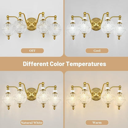 Vintage Bathroom Vanity Light, 4-Light Mid Century Brushed Gold Finish Wall Sconce with Globe Glass Shades, Retro Mirror Light for Bathroom, Powder Room