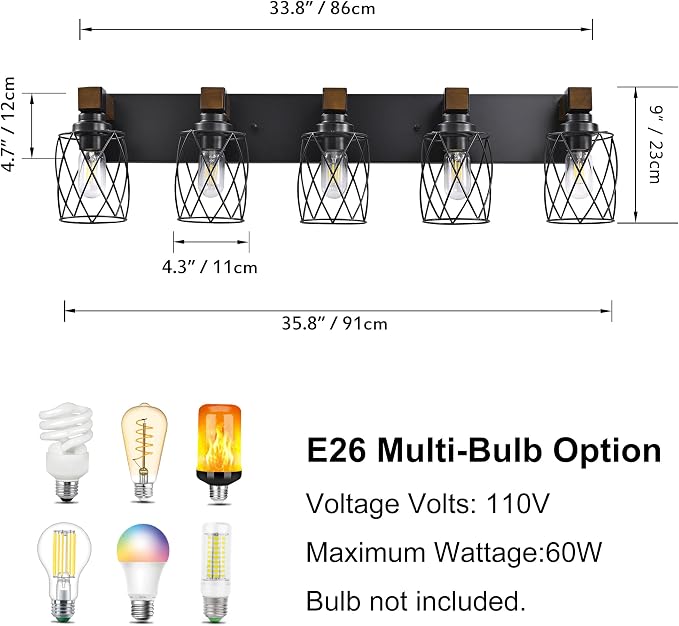 Farmhouse 5-Light Wood Bathroom Vanity Light, Black Metal Cage Shade | Mounted Over Mirror, Industrial Rustic Style, Ideal for Bathroom, Bedroom, Hallway & Living Room, Easy To Install