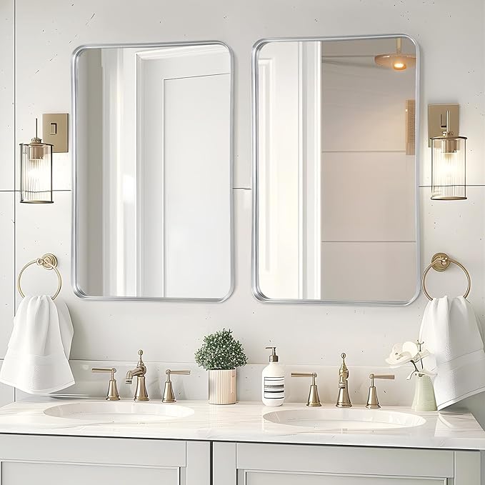 Fabuday Bathroom Mirrors for Over Sink 2 Pack - 36x24 Inch Rectangle Silver Mirrors for Bathroom Sink, Large Vanity Mirror Metal Frame Bath Wall Mirror Rectangular for Home, Bedroom, Restroom