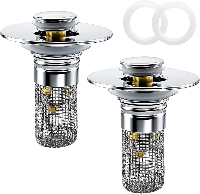Bathroom Sink Drain Strainer, Pop-up Sink Drain Strainer with Removable Strainer Basket Hair Catcher, Bathroom Sink Stopper,2 Packs