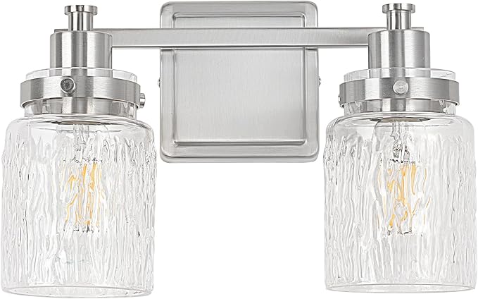 2 Light Bathroom Vanity Light Fixtures Modern Brushed Nickel | ETL Certificate, Easy to Install,Wall Mount Up or Down,Hammered Glass Lampshade,E26 Socket,Hardwired,120V