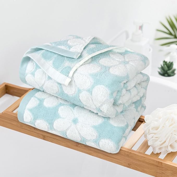 Cotton Towels for Bathroom Decor with Floral Jacquard | Super Soft and Absorbent Bath Towel Set of 2, Large Size 27.5x55 Inches