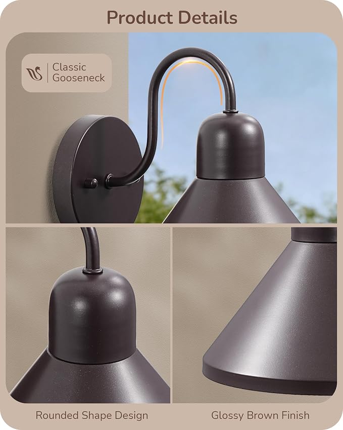 EDISHINE 2 Pack 8" Gooseneck Barn Outdoor Wall Light, Farmhouse Porch Light | Hardwired, E26 Socket, Brown Wall Mount Lantern for Porch, Entryway, Garage, Garden, Patio