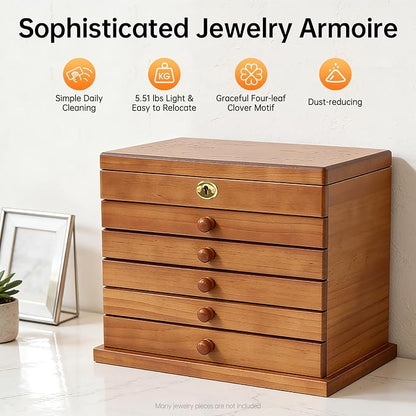 Extra Large Four-Leaf Carved 6 Layers Wooden Jewelry Box Jewelry Case Cabinet Armoire Ring Necklacel Gift Storage Box Organizer (Brown Style 2)