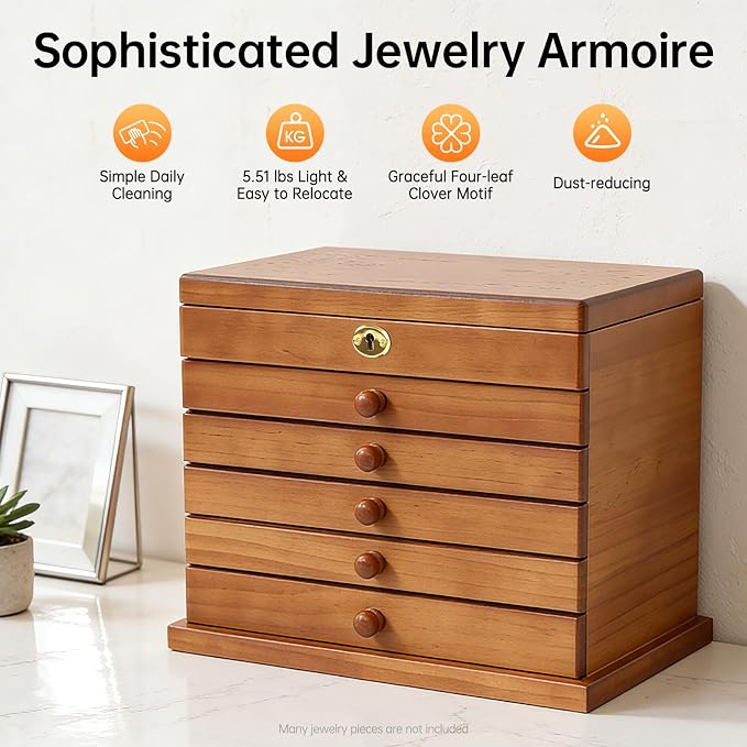 Large Wooden Jewelry Box for Women, Classic 6-layer Jewelry Storage Organizer with Mirror and Lock for Watches, Necklace, Ring (Brown)