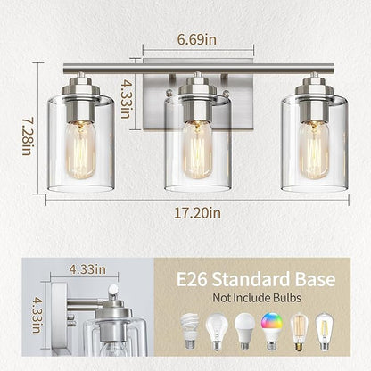 Bathroom Vanity Light Over Mirror,Bathroom Light Fixture Wall Sconce Lighting for Bedroom,Living Room (Nickel, 3-Light)