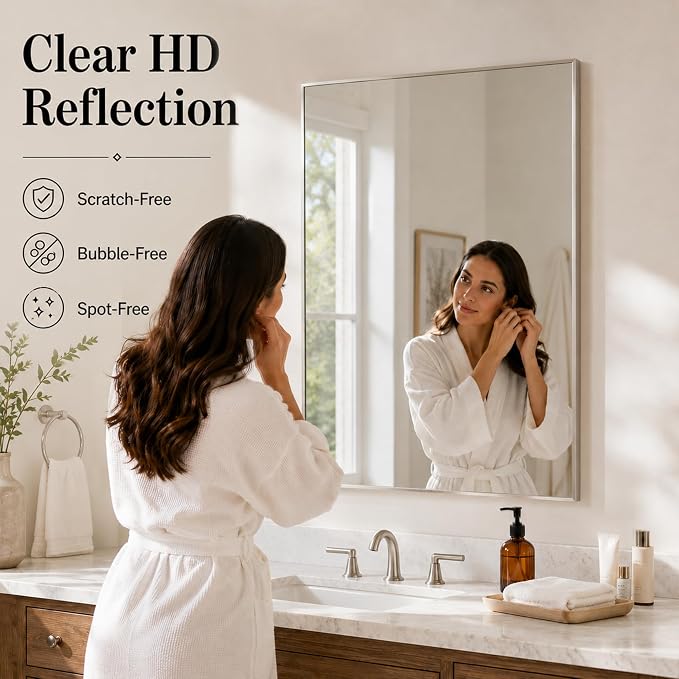 30"x36" Brushed Nickel Framed Rectangle Bathroom Vanity Wall Mirror | Over-Sink Vanity Mirror, Slim Metal Frame, Entryway or Dresser Use, Vertical/Horizontal Mount, Tempered Glass