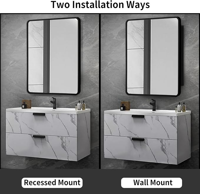 Movo 24 Inch x 30 Inch Black Metal Framed Bathroom Mirror Medicine Cabinet Rectangle Tilting Beveled Vanity Mirrors Recess or Surface Mount Installation