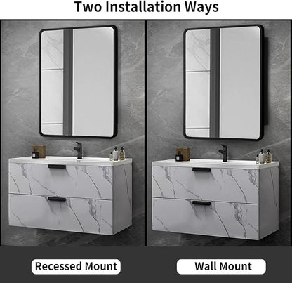 Movo 24 Inch x 30 Inch Black Metal Framed Bathroom Mirror Medicine Cabinet Rectangle Tilting Beveled Vanity Mirrors Recess or Surface Mount Installation