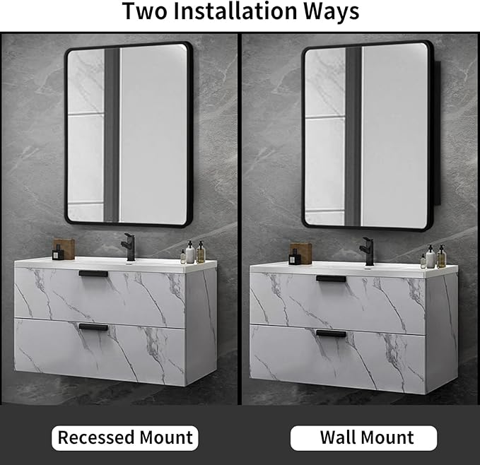 Movo Black Metal Framed Bathroom Mirror Medicine Cabinet,30 Inch x 24 Inch Recessed Wall Mounted Medicine Cabinet with Mirror,Aluminum Storage Cabinet for Bathroom Vanity