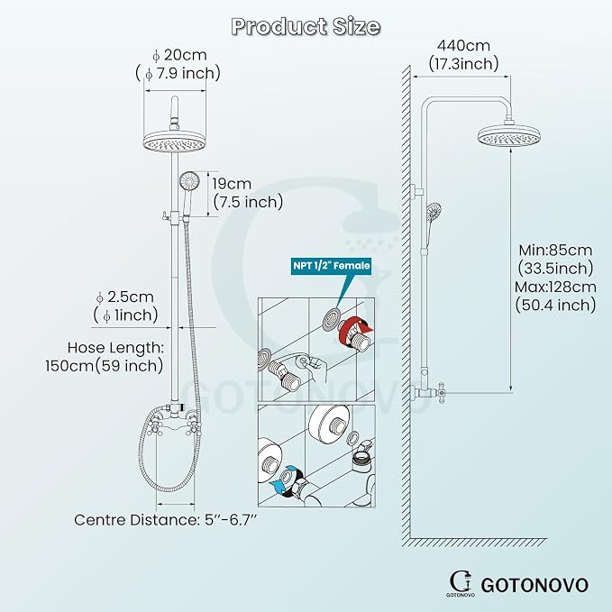 gotonovo Exposed Shower System Wall Mount,Antique Brass,Metal Handheld | 8” Rain Shower Head Faucet Set Fixtures,2 Function,Two Cross Handle,Height Adjustable,for 5-6.7" Hole,Indoor Victorian Retro