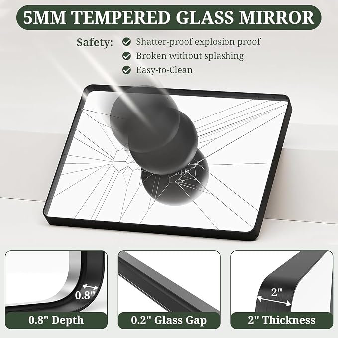 Bathroom Mirror 40x30 Inch Black Metal Frame Rectangle Vanity Mirror | Modern Wall Mounted Anti-Rust Mirror with Rounded Corners for Farmhouse, Restroom, Entryway, Horizontal or Vertical Hanging