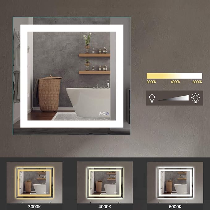 LED Bathroom Mirror 36"X36" with Front Light and Backlit | Stepless Dimmable, Anti-Fog, Shatter-Proof, HD Reflection, Memory, 3 Colors Lighting Square Mirror, UL Listed
