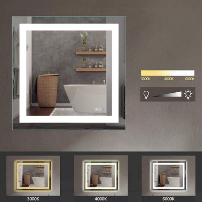 LED Bathroom Mirror 36"X36" with Front Light and Backlit | Stepless Dimmable, Anti-Fog, Shatter-Proof, HD Reflection, Memory, 3 Colors Lighting Square Mirror, UL Listed