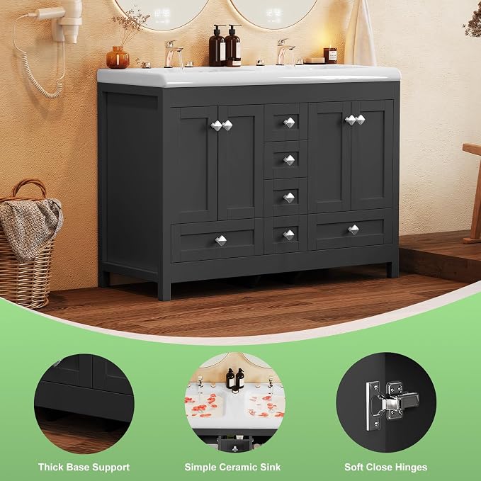 48" Bathroom Vanity with Sink, Large Space Bathroom Double Sink with 2 Door & 6 Drawer, Vanity Sinks for Bathrooms, Black, 47.3" × 19.7" × 35.5"