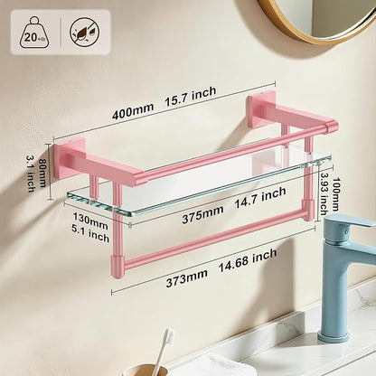 Bathroom Glass Shelf Towel Rack Shelf Glass Organizer Wall-Mounted Bathroom Storage SUS304 Stainless Steel Towel bar/Track Wall-Mounted Tempered Glass Stainless Steel Shelf (Pink, 16‘’ with Railing)