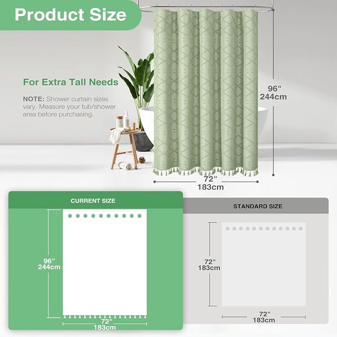 Extra Long Boho Shower Curtain Tufted Geometric 72"x96" Sage Green | 96 Inch Tall, Elegant Tassel, Lightweight Textured Fabric, Water Repellent, Washable, Hotel Spa, for Bathroom/Dorm 12 Hooks