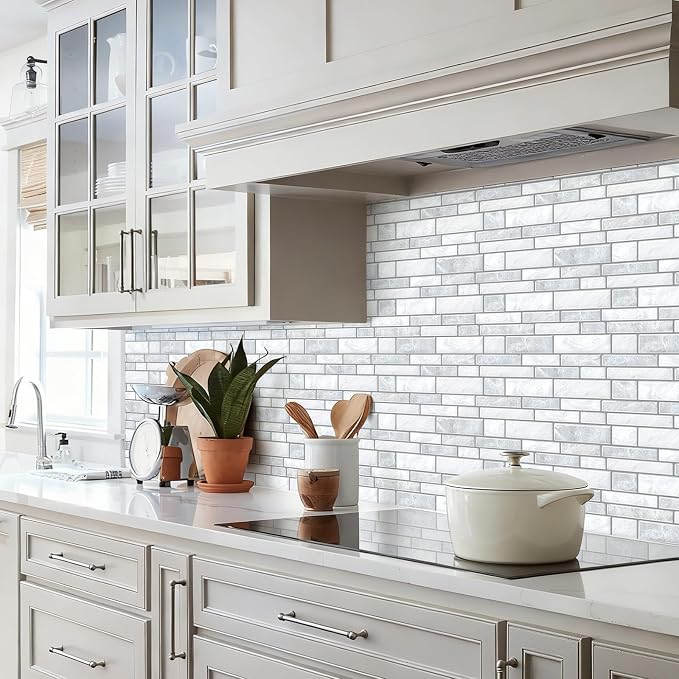 10 Sheets Peel and Stick Backsplash Tiles, Marble Look Wall Tiles for Kitchen and Bathroom, Livingroom, 12"x12", Alabaster Gray