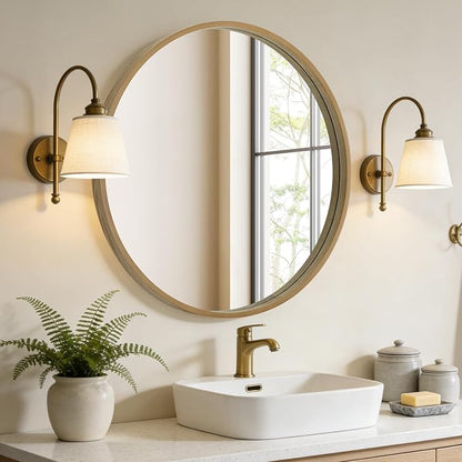 Round Wood Mirror, 32" Round Modern Decoration Large Circle Wall Mirror for Bathroom Living Room Bedroom Entryway, Natural