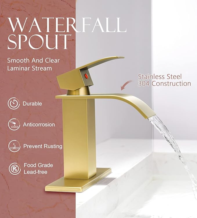 Gold Bathroom Faucet, Modern Single Hole Waterfall Spout Sink Faucet, Brushed Gold With Drain Assembly and Hose