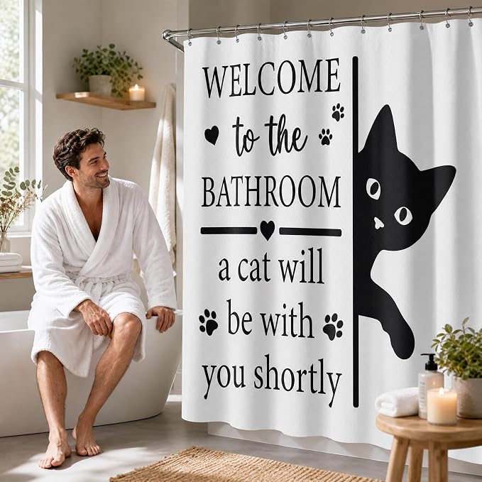 Funny Cat Shower Curtain, Fun Cartoon Black Cat Bath Curtain | 72x72 Inches, Waterproof Polyester Fabric, Welcome to the Bathroom Decor for Home Decorations, Includes 12 Hooks