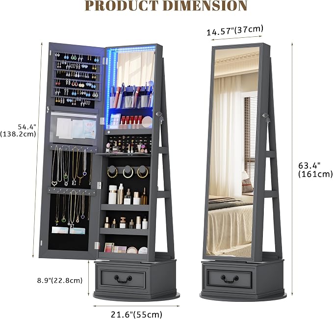 Vlsrka Mirror Jewelry Cabinet Standing with Lights, Lockable, Swivel, Grey | Standing Jewelry Armoire with Full Length Mirror, Large Jewelry Organizer Storage with Foldable Makeup Shelf, 3 LED Lights