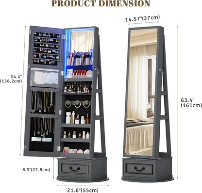 Vlsrka Mirror Jewelry Cabinet Standing with Lights, Lockable, Swivel, Grey | Standing Jewelry Armoire with Full Length Mirror, Large Jewelry Organizer Storage with Foldable Makeup Shelf, 3 LED Lights