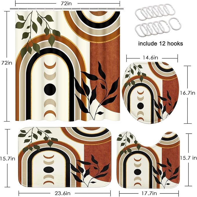 Bathroom Sets with Shower Curtain and Rugs, 4 Pcs, Mid Century Boho | Geometric Abstract Leaves Bathroom Decor Set with Toilet Lid Cover, Non-Slip Bath Mats and Accessories 12 Hooks