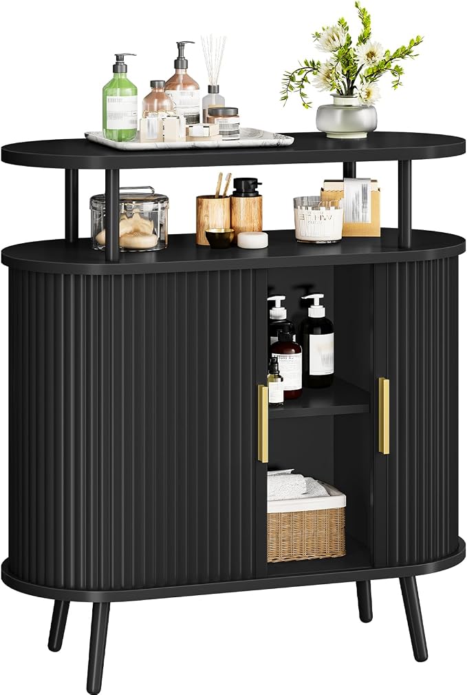 CHOEZON Bathroom Storage Cabinet, Bathroom Cabinet with Sliding Doors, Freestanding Floor Cabinet with Gold Handles, Modern Bathroom Organizer and Storage, for Bathroom, Kitchen, Entryway, Black