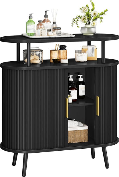 CHOEZON Bathroom Storage Cabinet, Bathroom Cabinet with Sliding Doors, Freestanding Floor Cabinet with Gold Handles, Modern Bathroom Organizer and Storage, for Bathroom, Kitchen, Entryway, Black