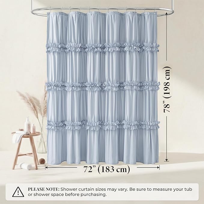 LIPA Boho Rustic Fog Blue Ruffle Shower Curtain 72x78 Inches | Farmhouse Shower Curtains for Bathroom,Water‑Resistant Fabric Shower Curtain,Bohemian Bathroom Decor