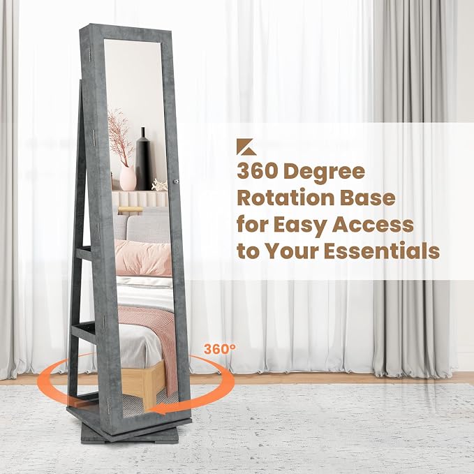COSTWAY 360 Rotating Jewelry Armoire Cabinet, Standing Jewelry Organizer w/Full-Length Mirror & Large Storage Space, Lockable Mirror Jewelry Cabinet for Girls Women (Marble Grey)