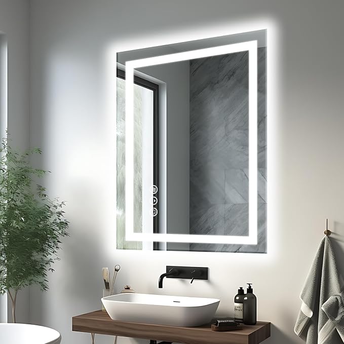 EchosLife 24"x36" LED Bathroom Mirrors for Wall | Backlit + Front Lit, Anti-Fog, Stepless Dimmable, 3 Colors, Memory, Tempered Glass, UL Listed, Horizontal/Vertical