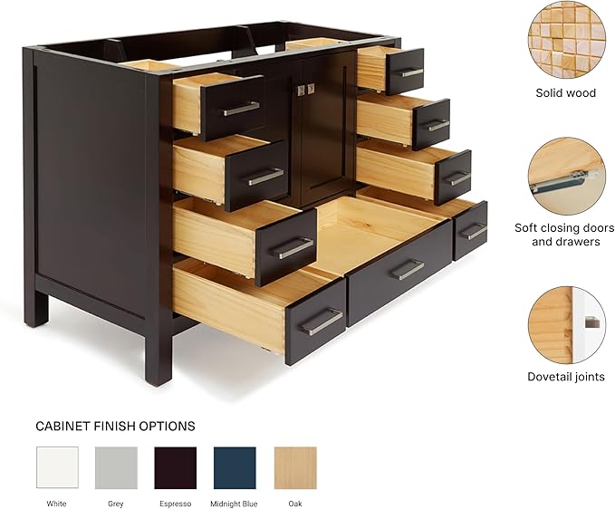 ARIEL Cambridge 48-inch Bathroom Vanity Base Cabinet,Solid Wood, 2 Soft Closing Doors, 9 Dovetail Drawers, Espresso