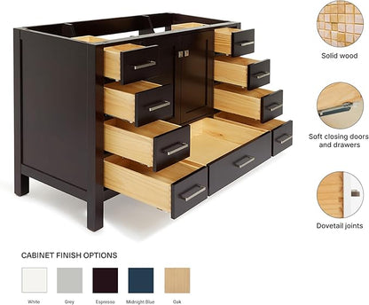 ARIEL Cambridge 48-inch Bathroom Vanity Base Cabinet,Solid Wood, 2 Soft Closing Doors, 9 Dovetail Drawers, Espresso