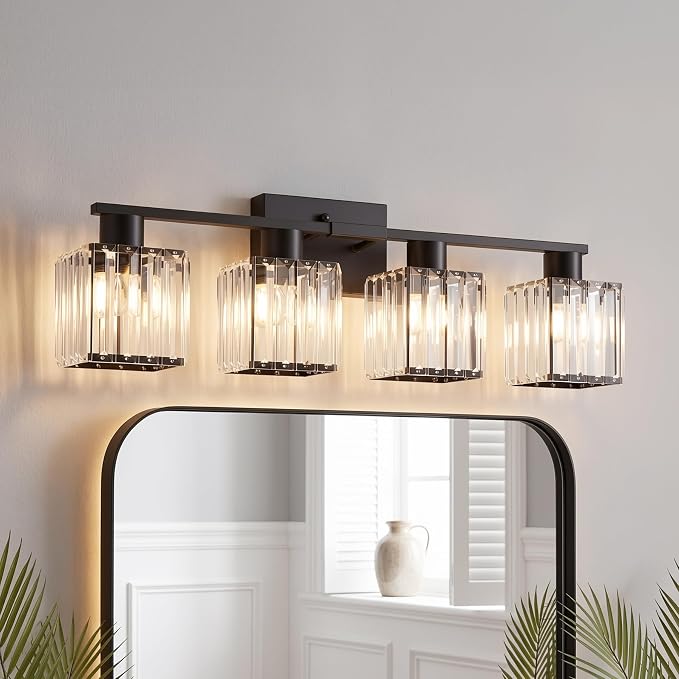 Crystal Bathroom Light Fixtures, 4-Light Matte Black, Vanity Lights for Bathroom Over Mirror, Modern Bath Wall Sconce for Mirror Bedroom Living Room