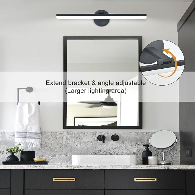 24inch LED Modern Black Bathroom Vanity Lighting Fixtures Over Mirror Vanity Light for Bath Matte Black Wall Sconce Lights for Bathroom (White Light 6000K)